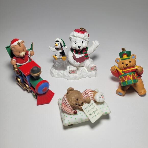 Vintage Christmas Bear Ornaments Lot - Bear w/ Penguin, Train, Sleeping, Drummer - Picture 1 of 7